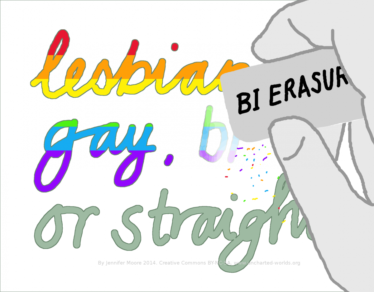 Cartoon: The words "lesbian, gay, bi or straight" are shown in colourful handwriting. A hand holds a rubber eraser labelled "BI ERASURE" and is in the process of rubbing out the word "bi".