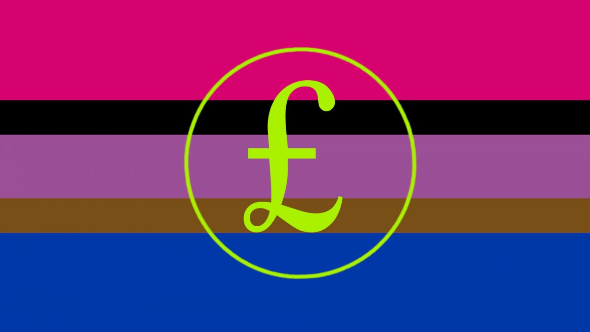 Bi flag including black & brown stripes. On top of it is a pound sign in green.