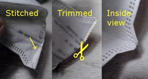 Three photos in a sequence. First photo shows the chin of an FFP mask, with a line of stitching to take a tuck in the edge. Second photo shows how the mask is trimmed back next to the line of stitching. Third photo shows the seam from the inside, as you'd see if it you were about to put on the mask.