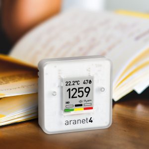 Aranet4 Home carbon dioxide monitor. Its front face is about 7cm x 7cm, and shows a large number for the CO2 level, together with the temperature and humidity in smaller numbers. The background of the picture is a book lying open, but blurred out, perhaps just to give an idea of the scale.